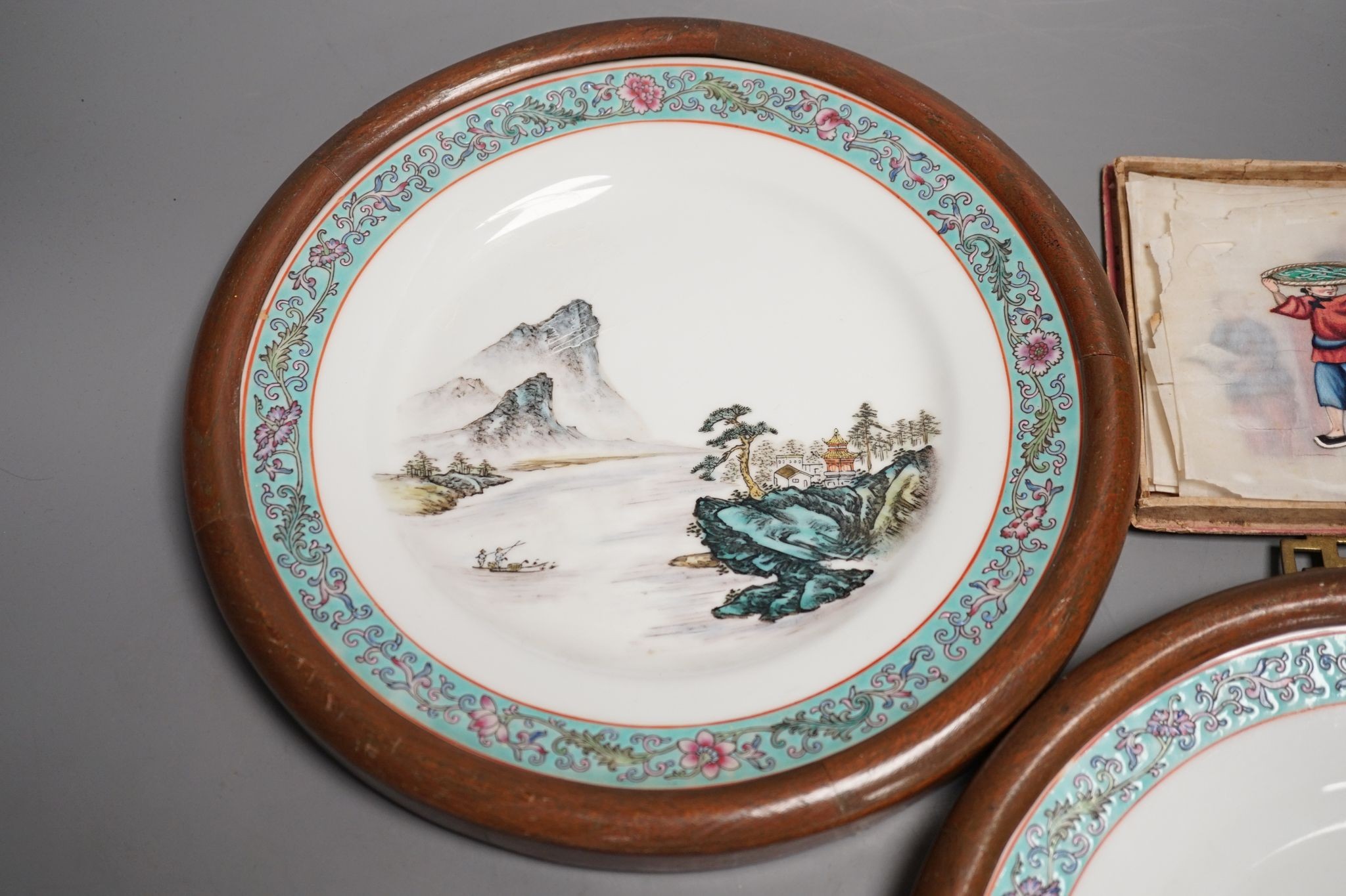 A group of Chinese pith paintings of court figures, production etc. and a pair of Chinese enamelled porcelain plates